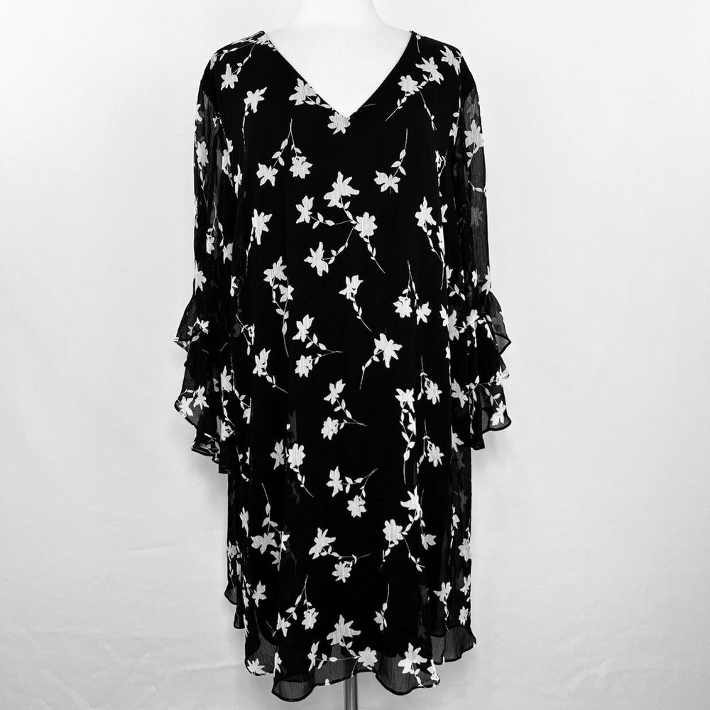 Calvin Klein Womens Sz 18W Dress Black Off White Floral Bell Sleeve Chiffon #i
